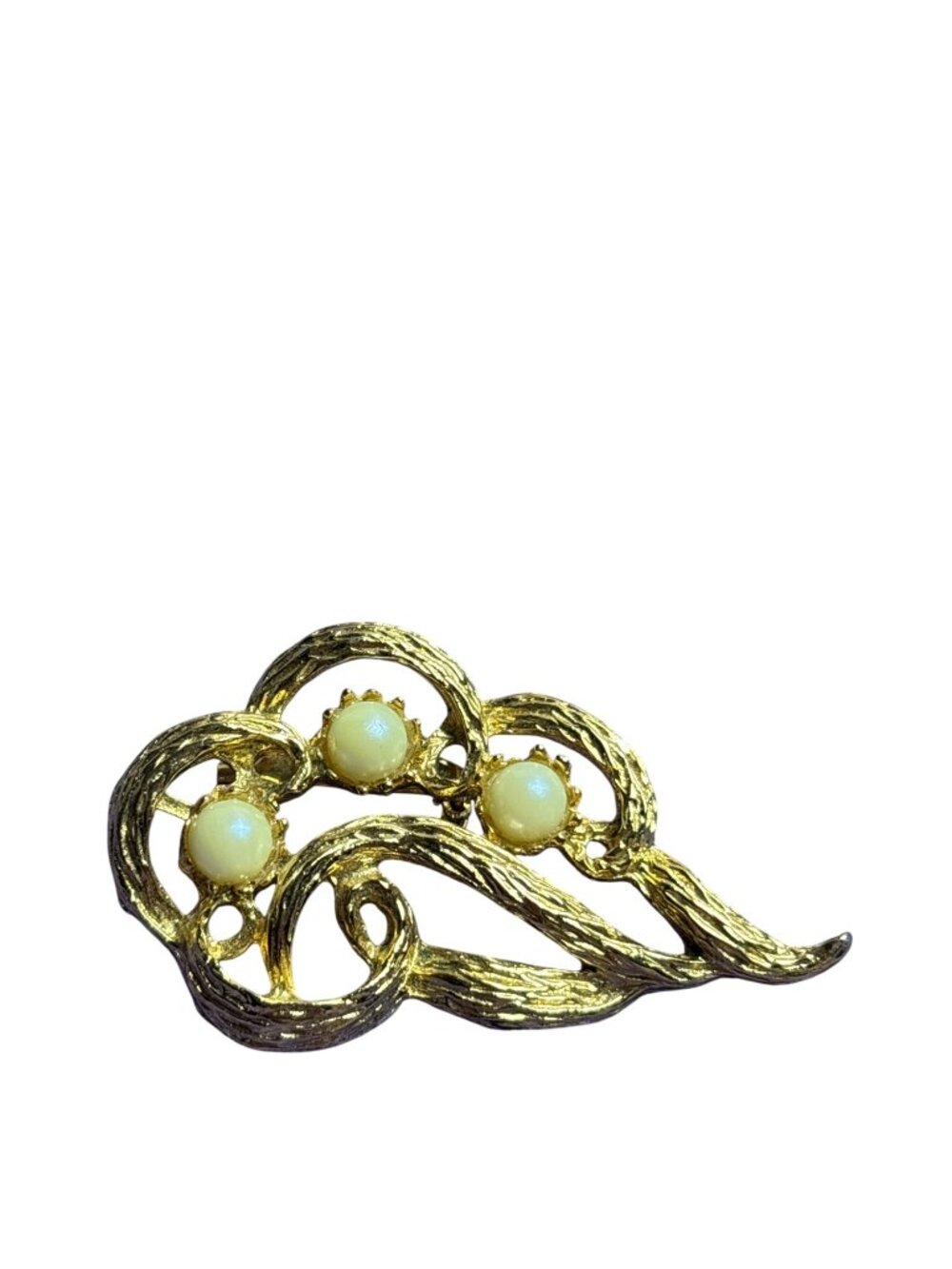 Vintage Textured Goldtone Faux Pearl Brooch 2.25 inches
